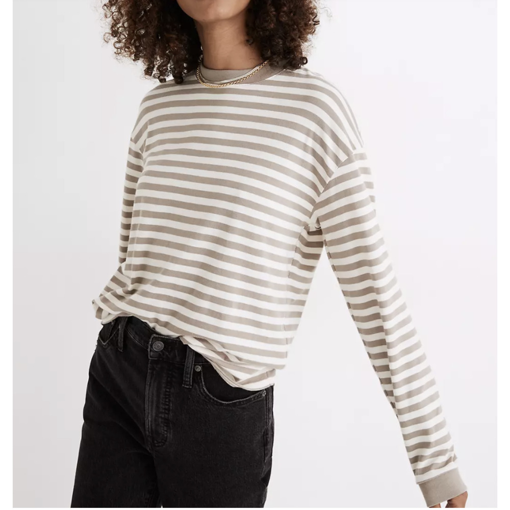 Madewell Beige and White Striped Long Sleeve Tee